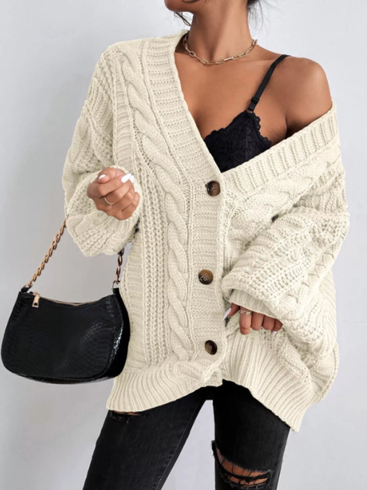 Cable Knit V-Neck Button-Down Cardigan - Off-white - View 1