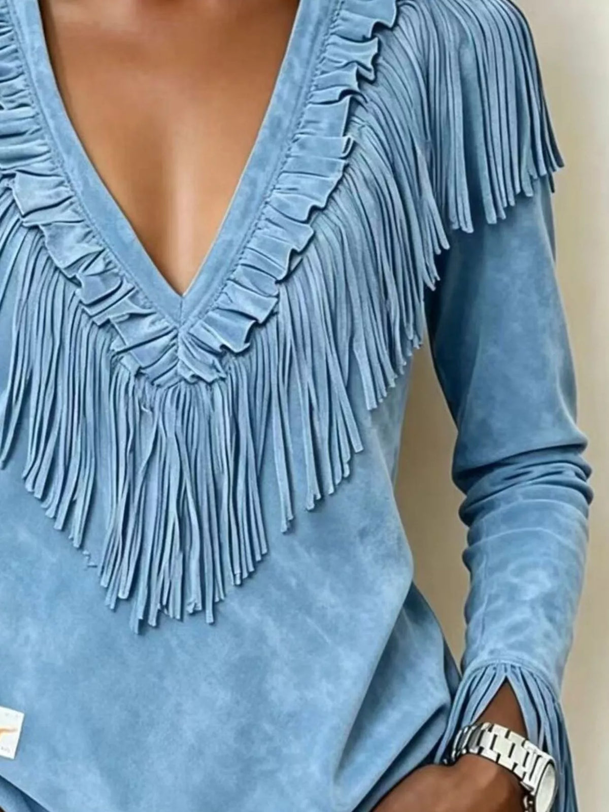 Fringed V-Neck Blouse - Light Blue - View 3
