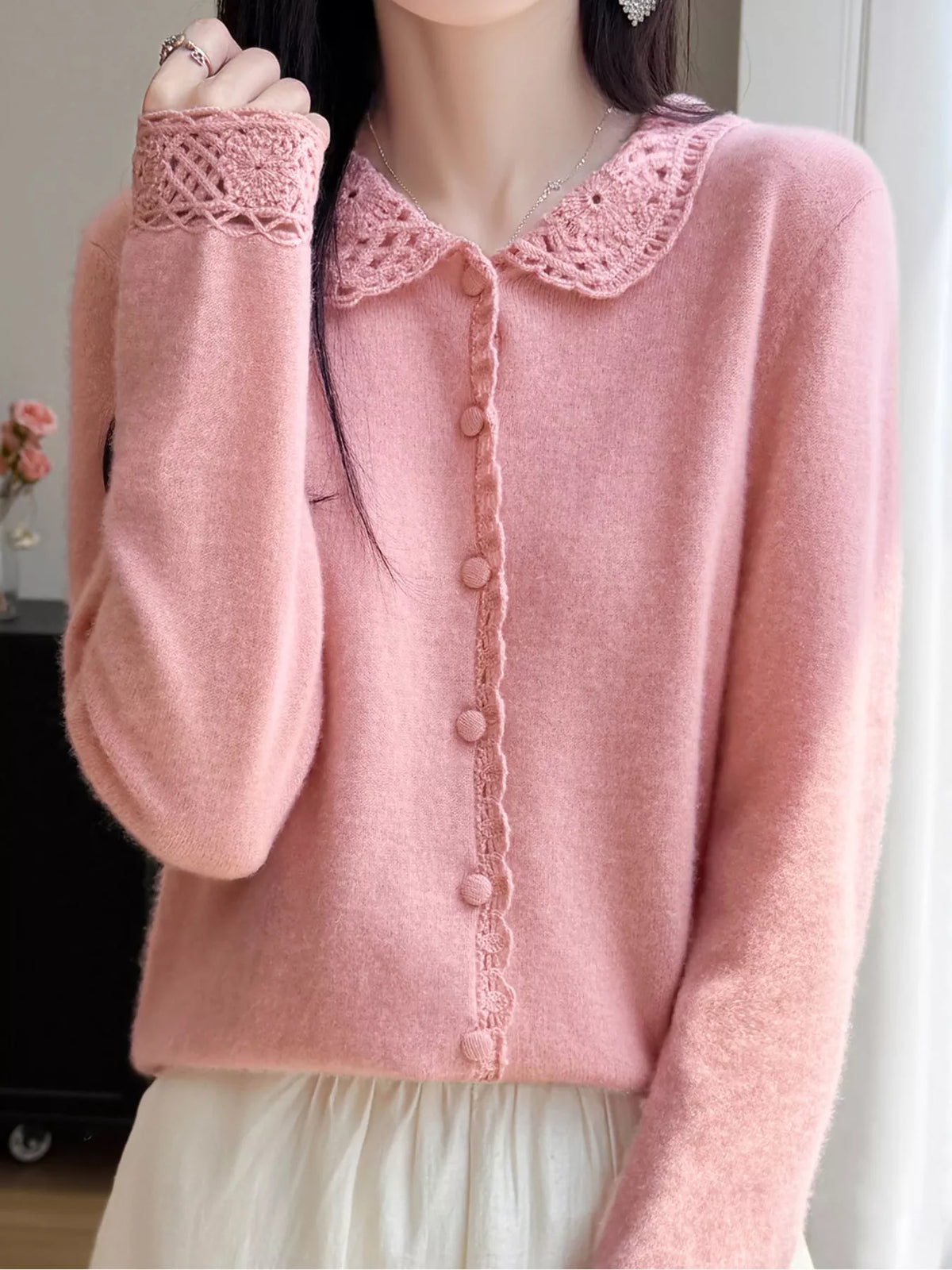 Lace-Collar Button Down Knit Cardigan - Pink - View 2