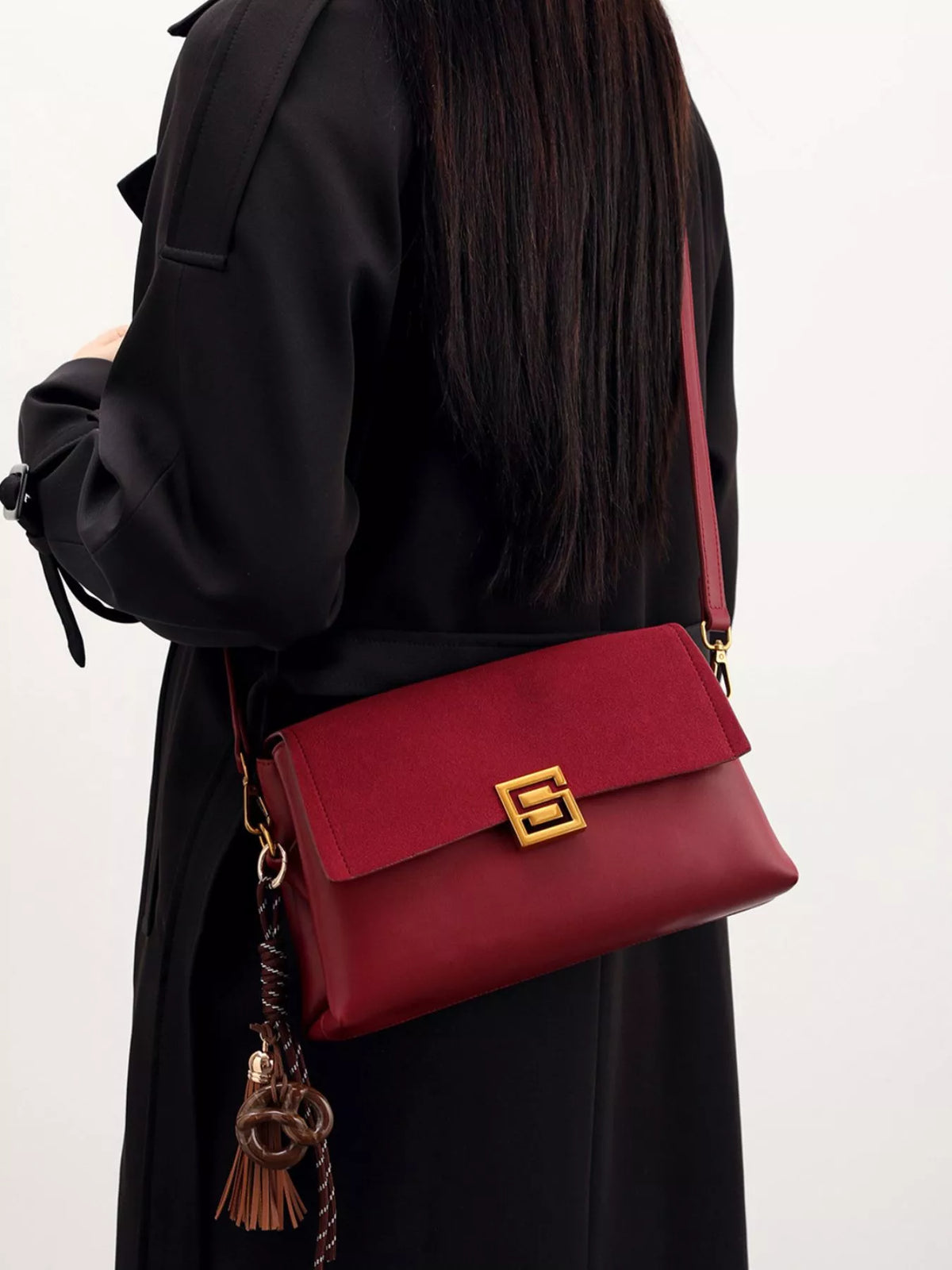 Gold-Tone Hardware Crossbody Bag - Wine Red - View 5
