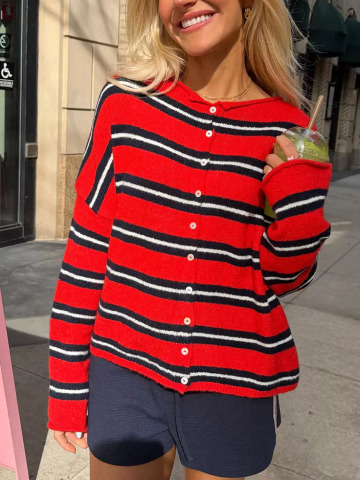 Striped Button-Down Knit Cardigan - Deep Red - View 1