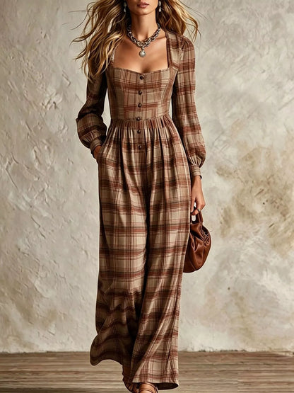 Plaid Square Neck Long Sleeve Wide Leg Jumpsuit - Caramel - View 1