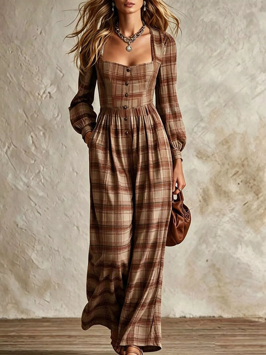 Plaid Square Neck Long Sleeve Wide Leg Jumpsuit - Caramel - View 1