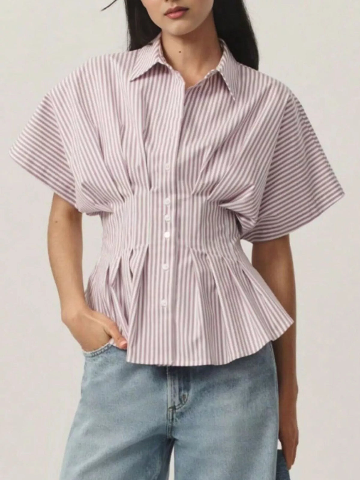 Striped Cinched Waist Shirt - Red - View 11