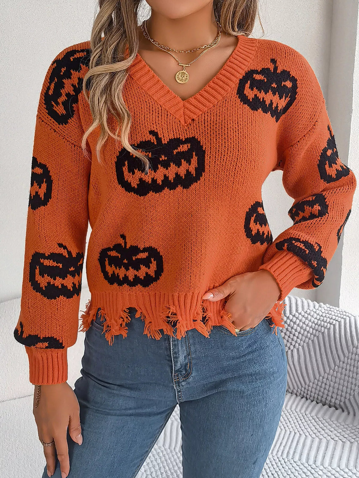 Pumpkin Distressed Hem Sweater - Orange - View 7