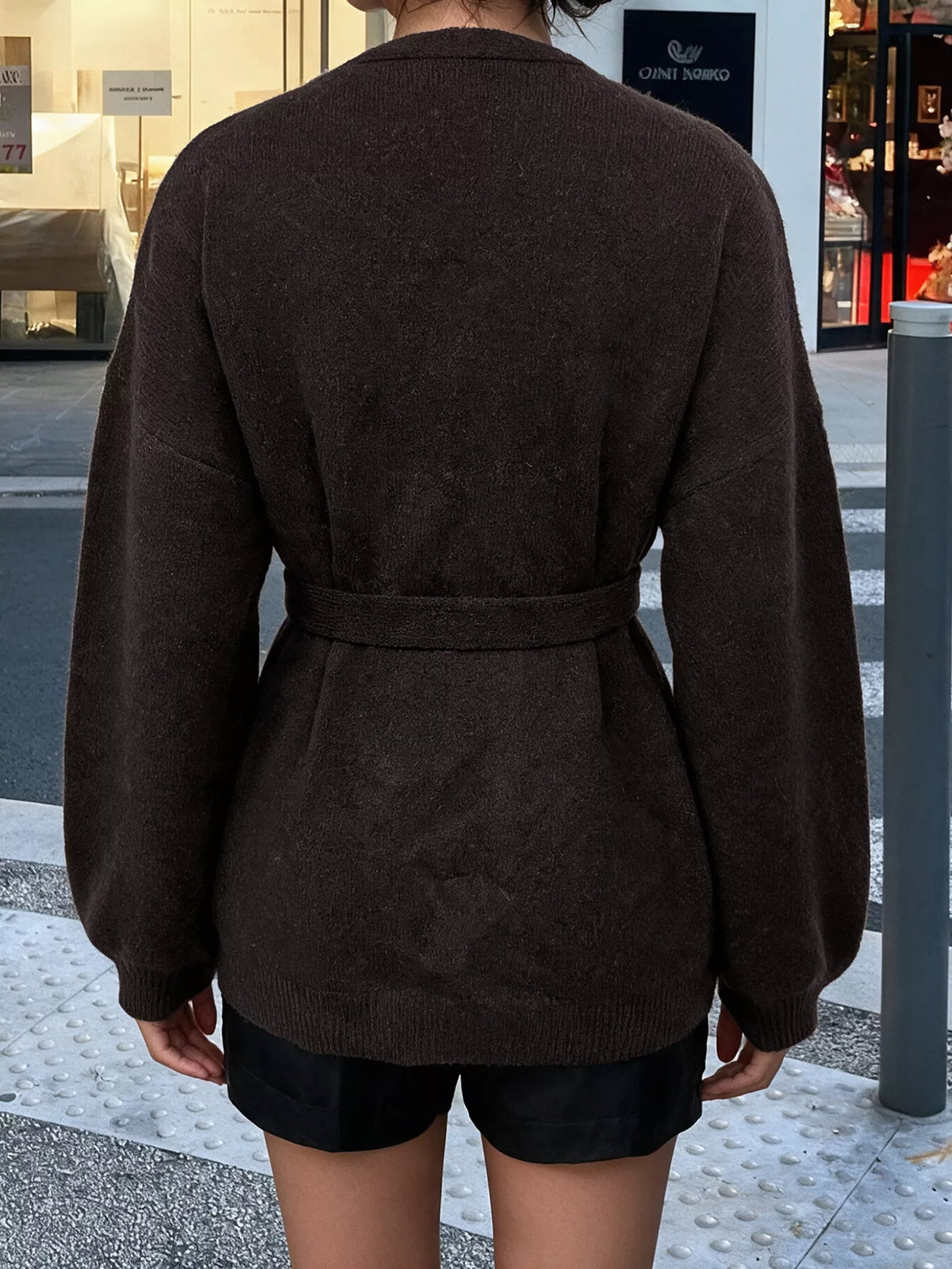 Tie Waist Dropped Shoulder Wrap Cardigan - Chocolate - View 6