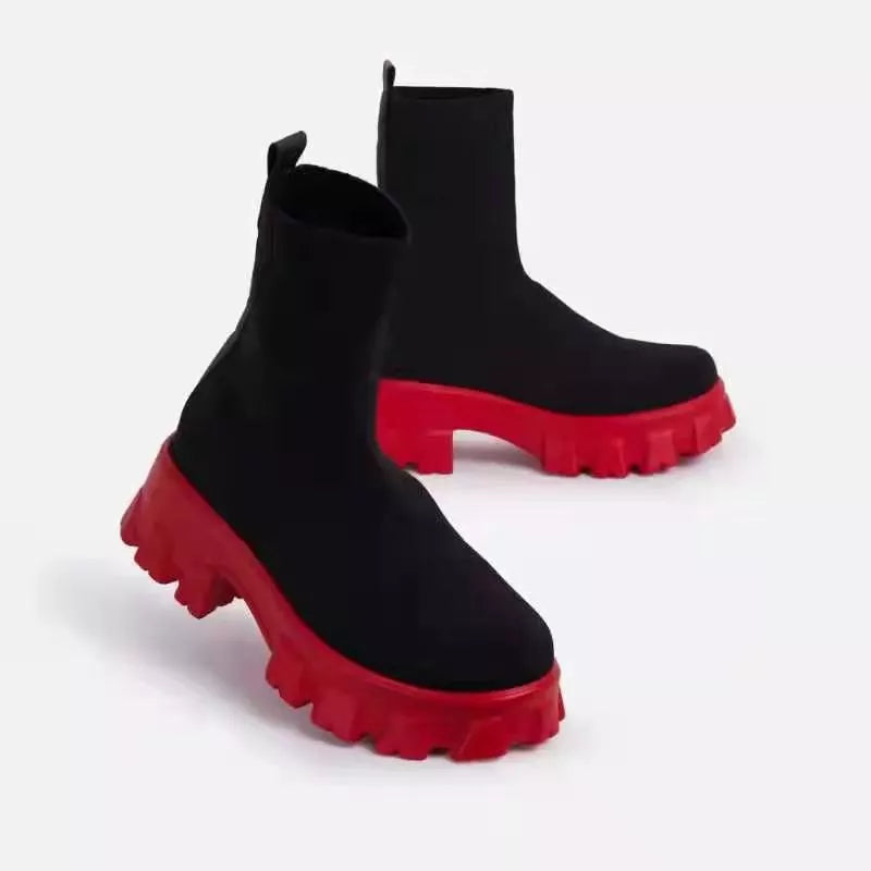 Round Toe Block Heels Boots - blackish red - View 4