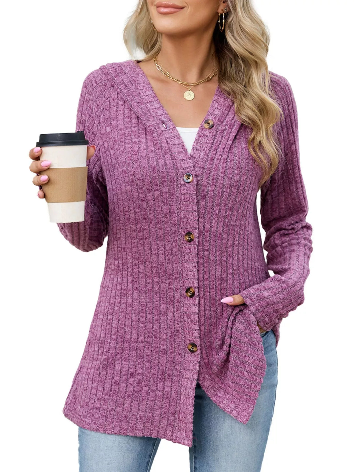Ribbed Knit Hooded Button-Down Cardigan - Purple-red - View 2