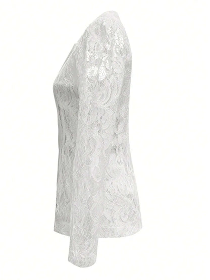 Floral Pattern Lace Single-Breasted Blazer - White - View 5
