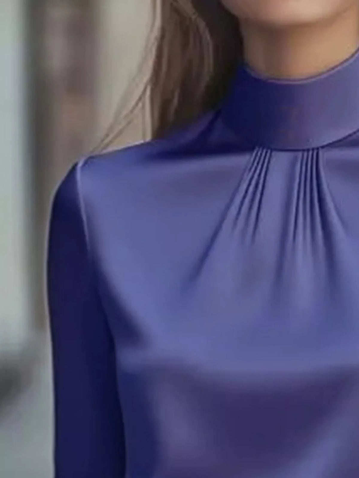 Mock Neck Long Sleeve Blouse with Pleated Detail - Purple - View 8