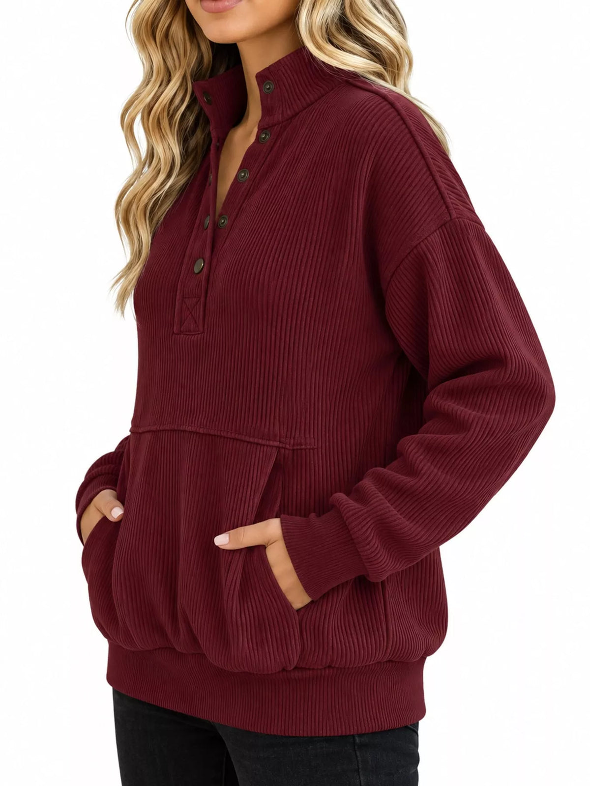 Full Size Quarter-Snap Sweatshirt with Kangaroo Pocket Plus Size - Wine Red - View 8