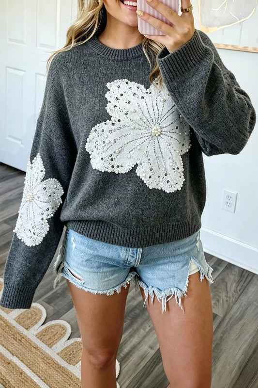 Pearl Embellished Floral Dropped Shoulder Sweater - Dark Gray - View 1