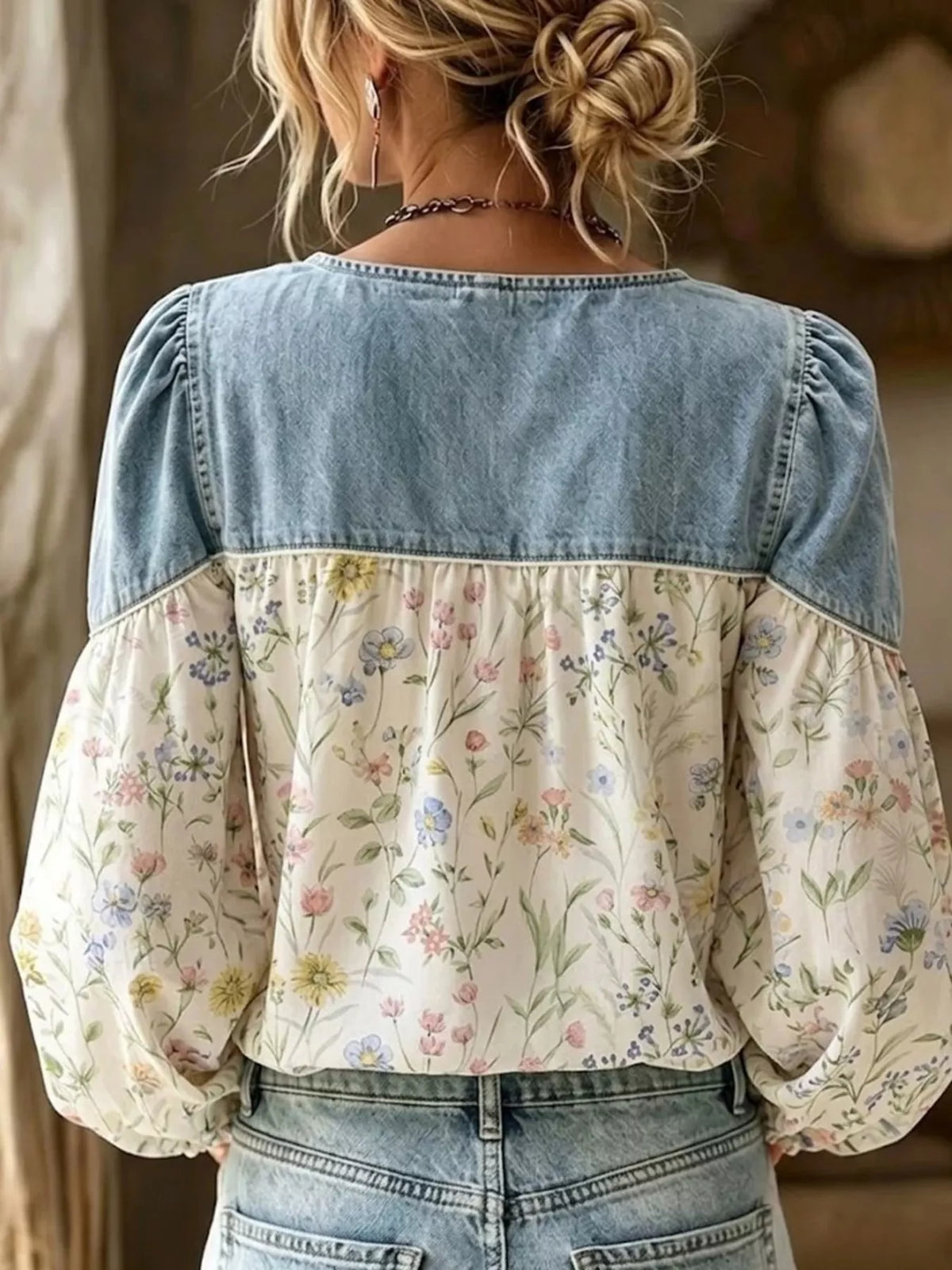 Full Size Denim Patchwork Floral Denim Top Plus Size - White - View 2