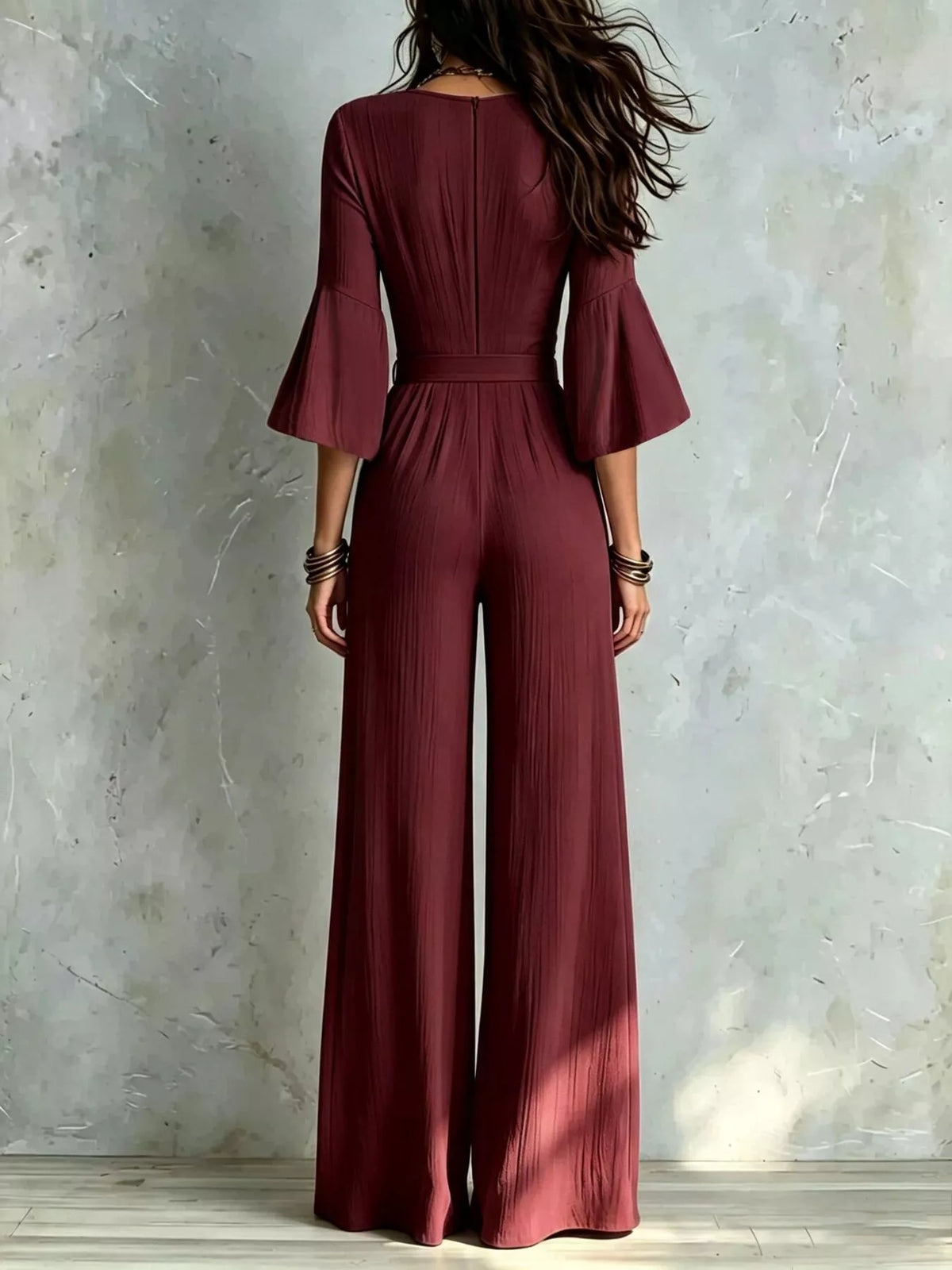 Pleated Wide-Leg Jumpsuit with Tie-Waist - Burgundy - View 12