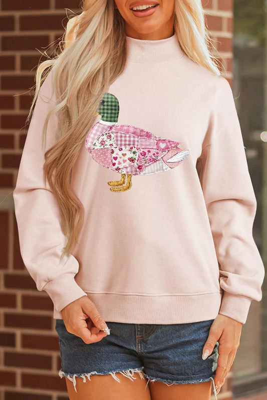 Patchwork Mallard Printed Graphic Mock Neck Pullover Sweatshirt - Apricot - View 1