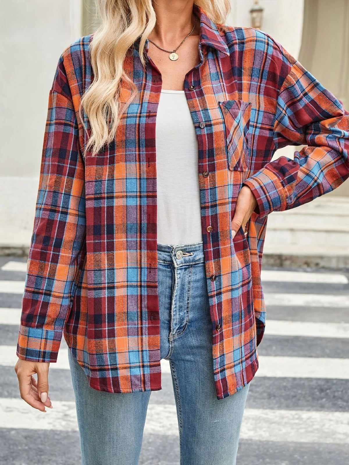 Plaid Button Up Long Sleeve Shirt - Red - View 20