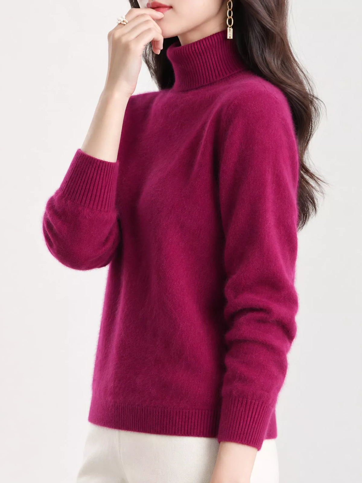 Full Size Turtleneck Long Sleeve Sweater Plus Size - Burgundy - View 107