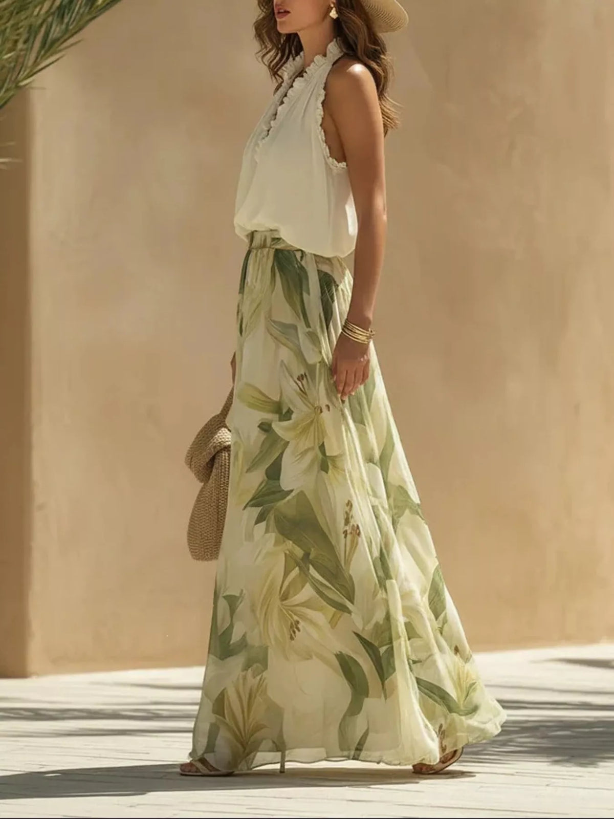 Frill Sleeveless Top and Wide-Leg Pants Two-Piece Set - Sage - View 2