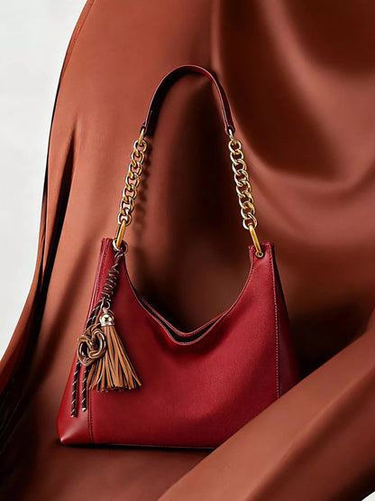 Chain Strap Tassel Charm Shoulder Bag - Wine Red - View 4