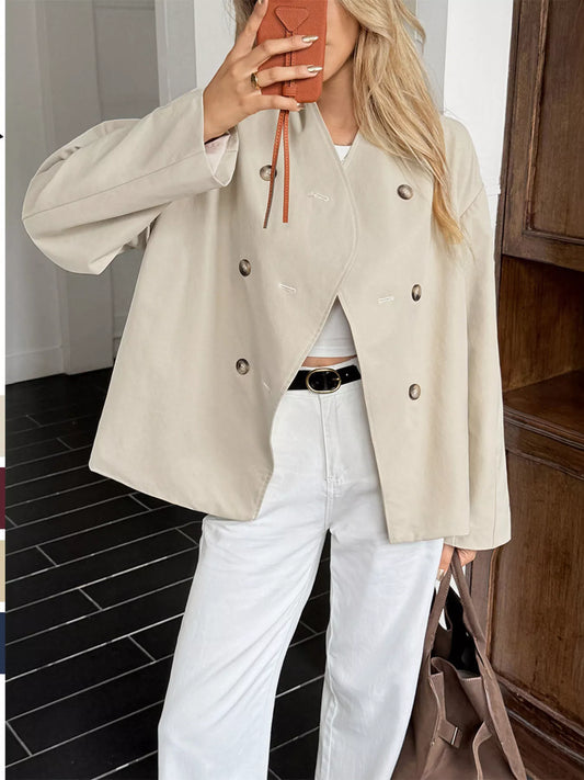 Double-Breasted Long Sleeve Jacket - Khaki - View 1