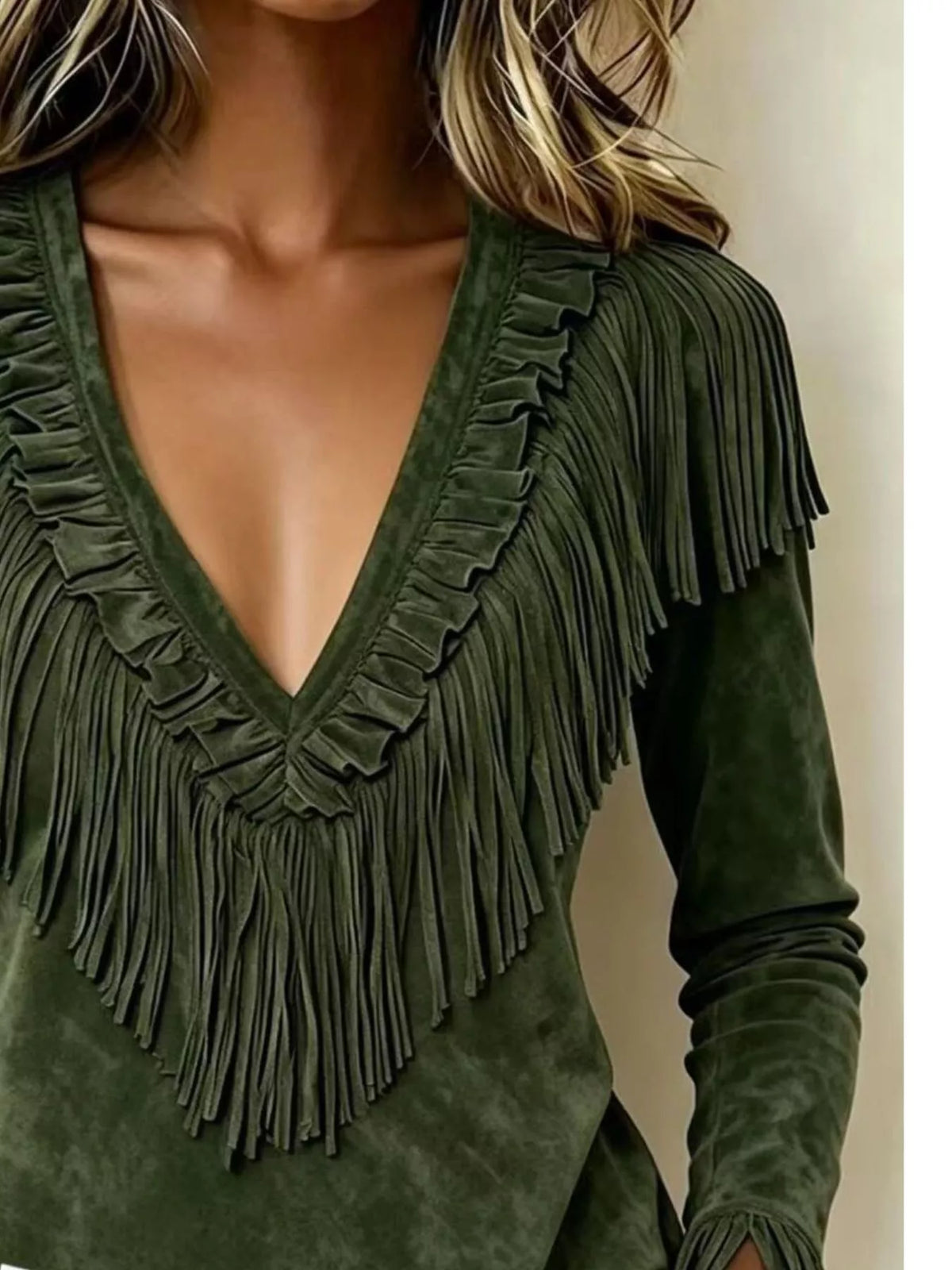 Fringed V-Neck Blouse - Army Green - View 3