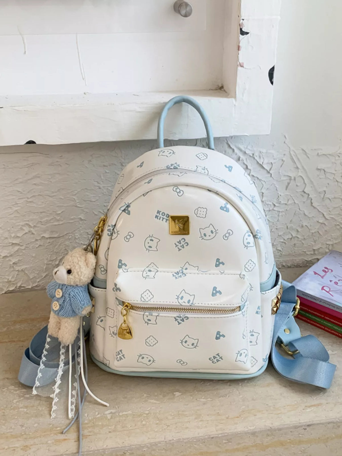Cartoon Pattern Backpack Bag with Bear Pendant - Pastel  Blue - View 3