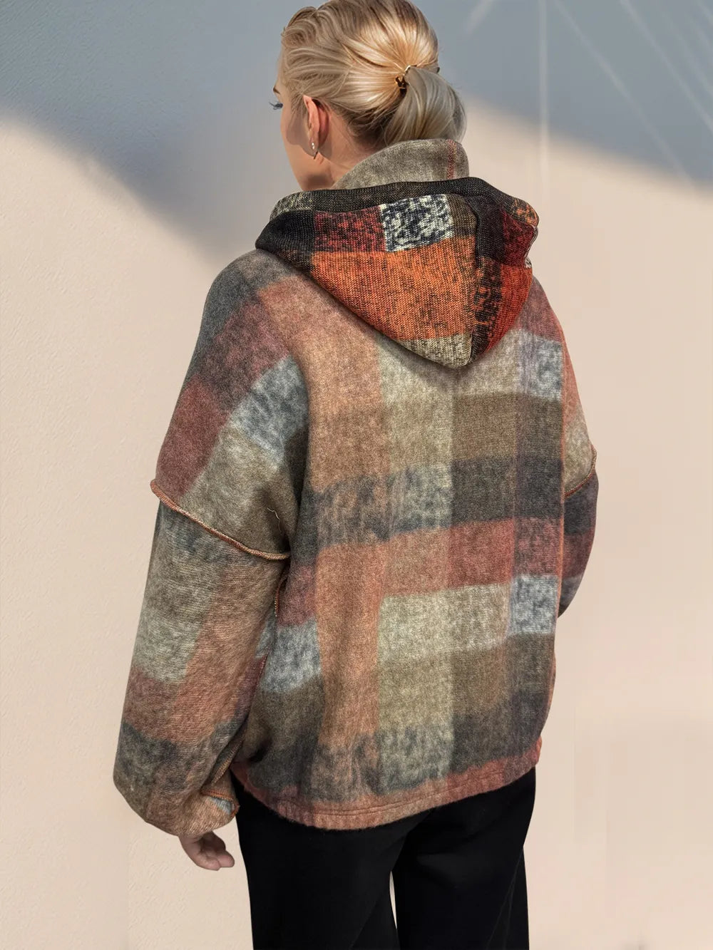Double Take Full Size Half Zip Exposed Seam Fleece Hoodie - Tangerine - View 3