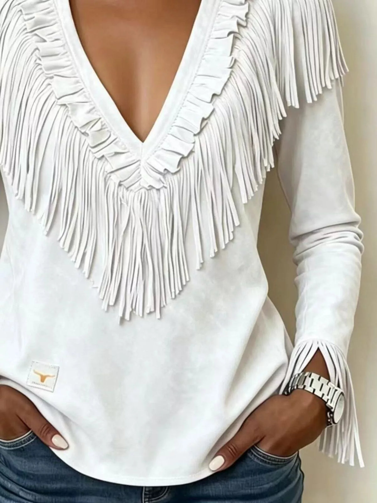 Fringed V-Neck Blouse - White - View 1