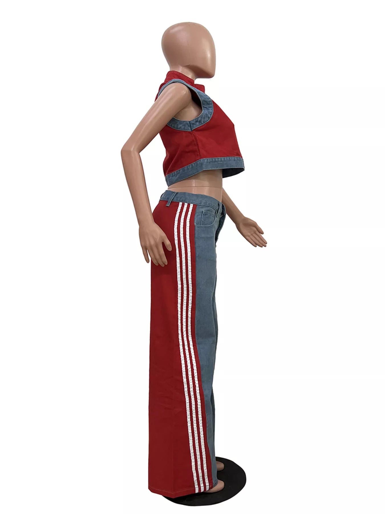 Zip Front Crop Top and Striped Pants Set - Red - Side Mannequin View