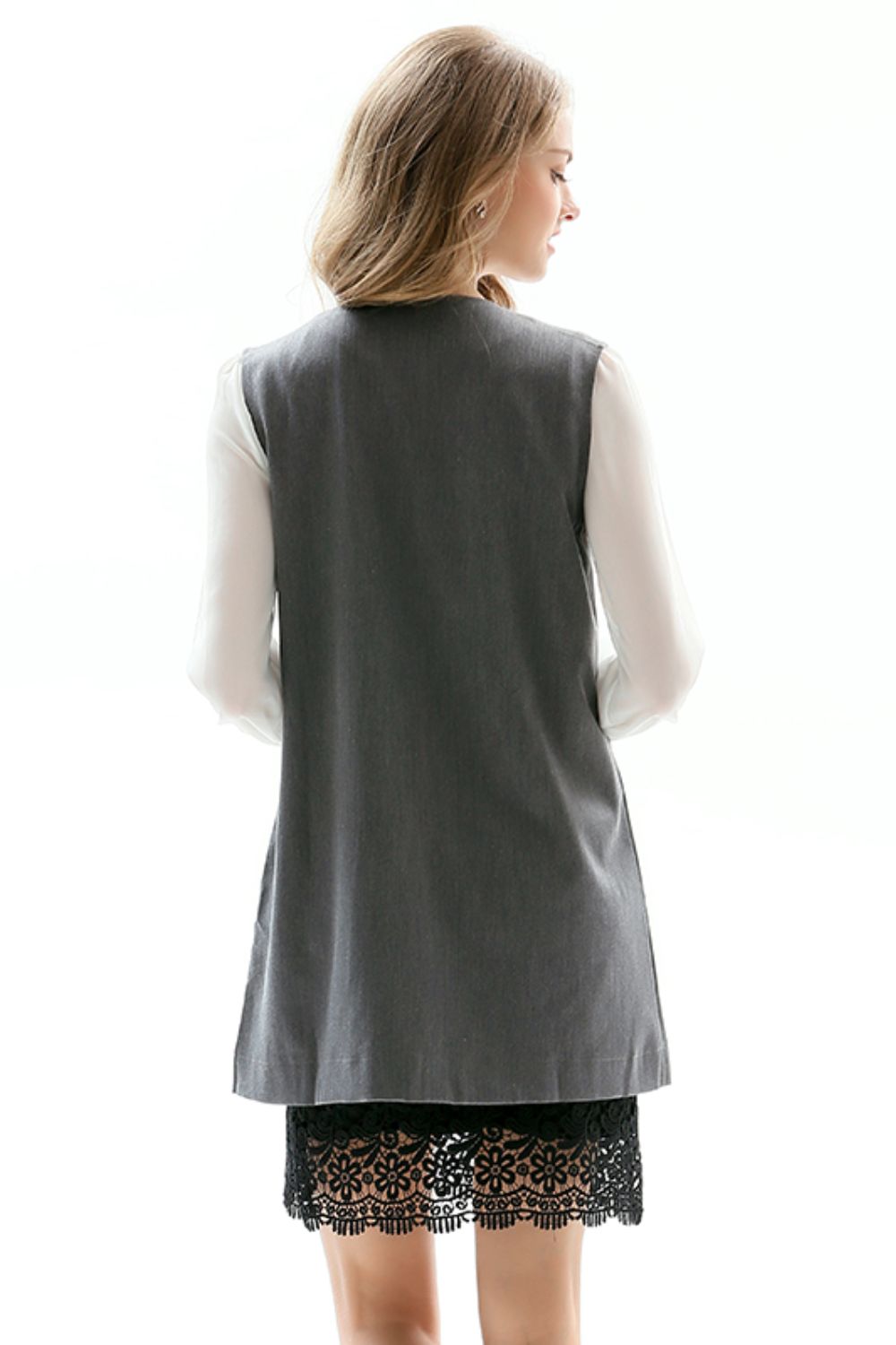 One-Button Sleeveless Longline Blazer - Mid Gray - View 2