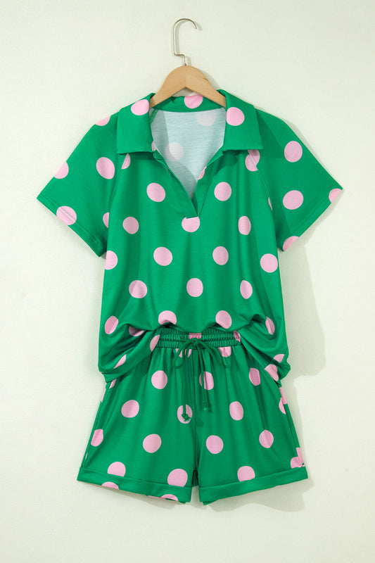 Green Polka Dot Print V Neck Tee Short Set - Green - 2