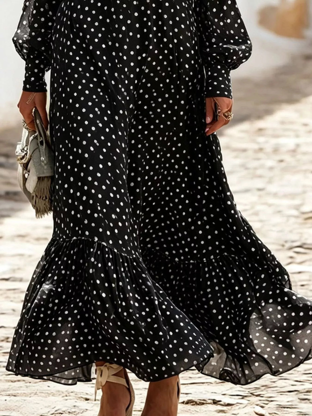 Full Size Polka Dot Ruffle V-Neck Maxi Dress Plus Size - Black - View 3