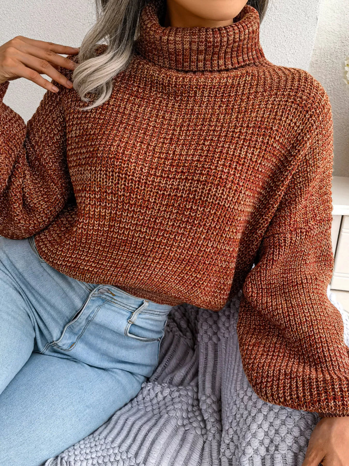 Turtleneck Dropped Shoulder Sweater - Caramel - View 2