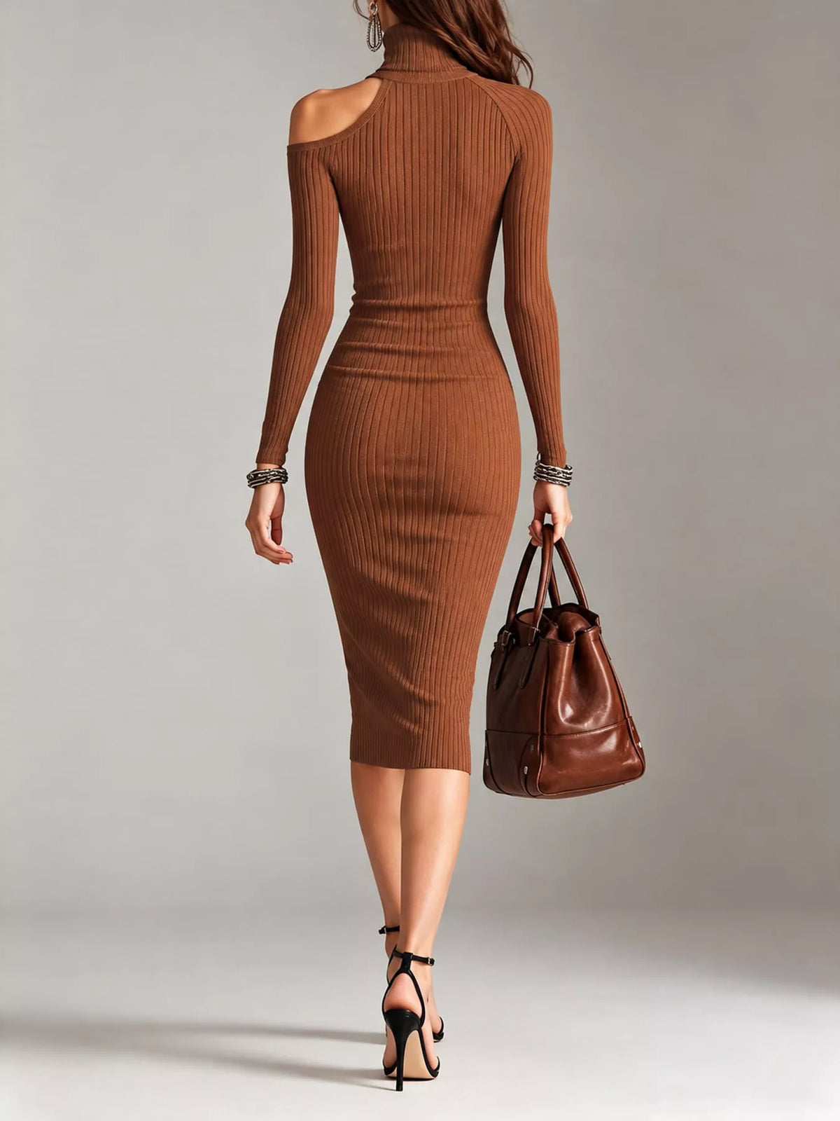 Cold-Shoulder Turtleneck Ribbed Knit Dress - Light Brown - View 11