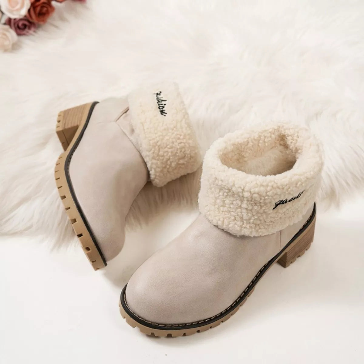 Round Toe Block Heels Boots - Beige - View 2