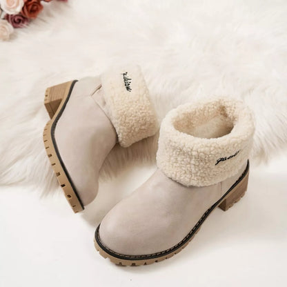 Round Toe Block Heels Boots - Beige - View 2