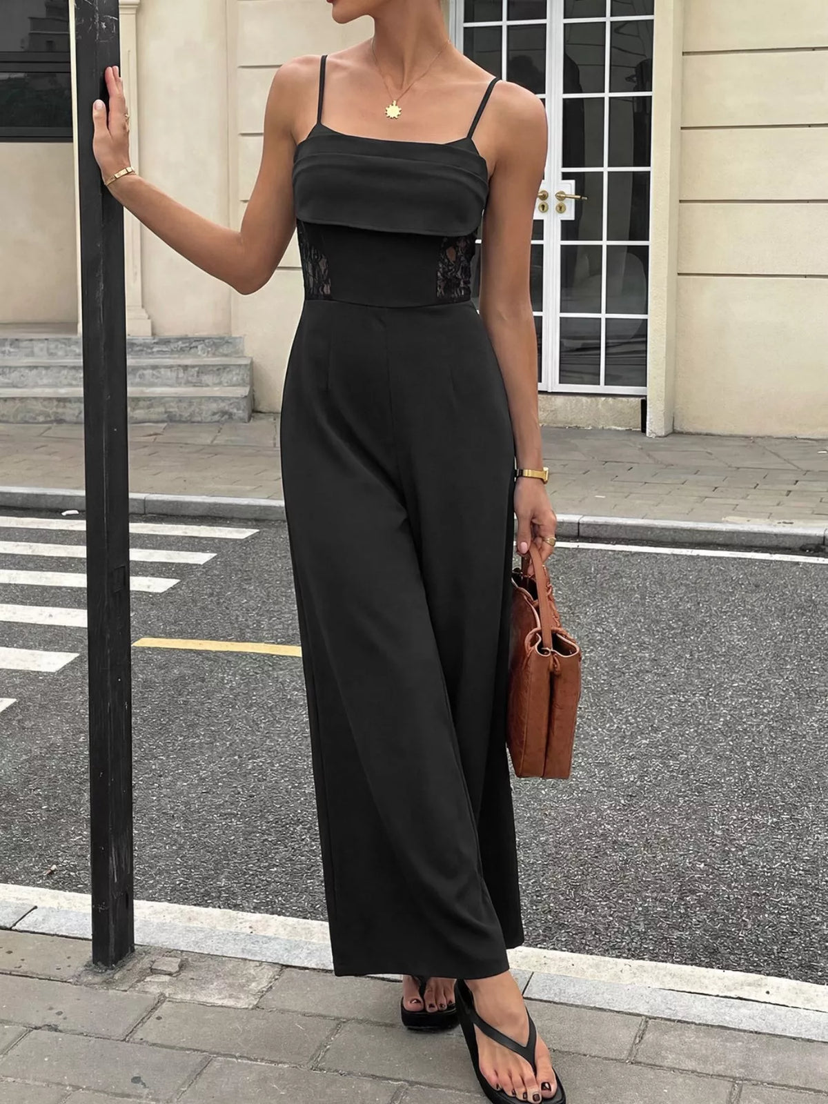 Lace Trim Wide Leg Jumpsuit - Black - View 1