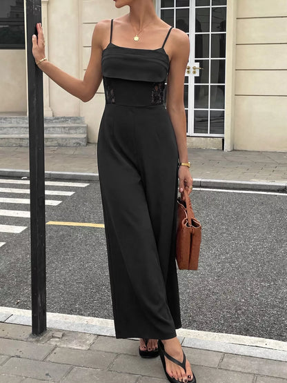 Lace Trim Wide Leg Jumpsuit - Black - View 1