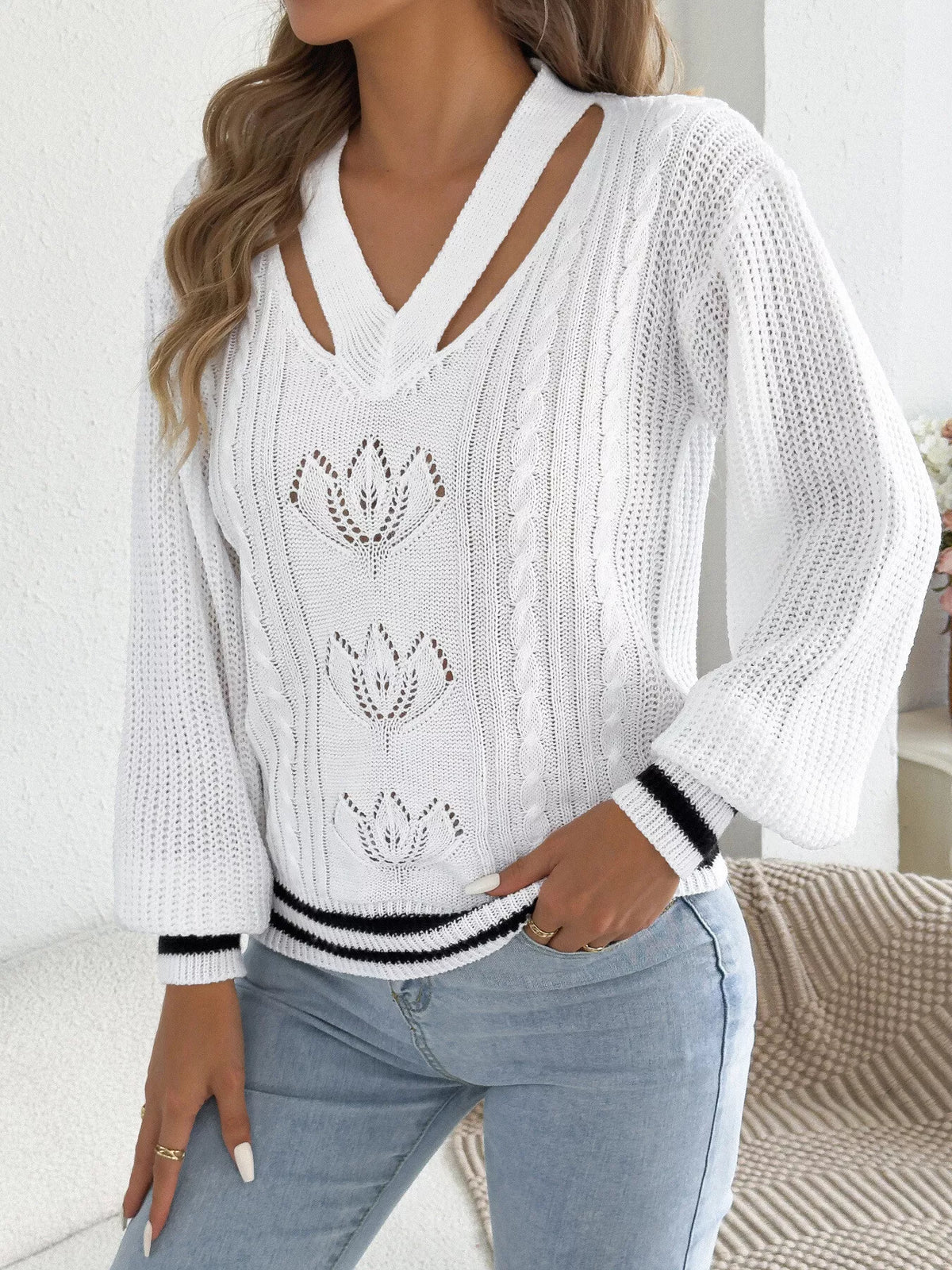 Cutout Cable Knit Sweater - White - View 2