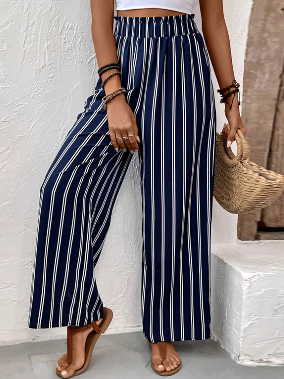Striped Wide-Leg Pants with Elastic Waistband - Dark Blue - View 2