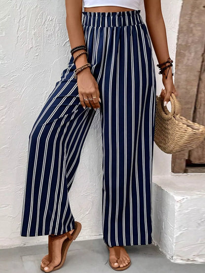 Striped Wide-Leg Pants with Elastic Waistband - Dark Blue - View 2