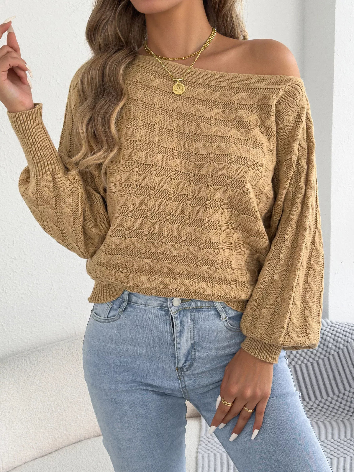 Cable Knit Boat Neck Sweater - Camel - View 3