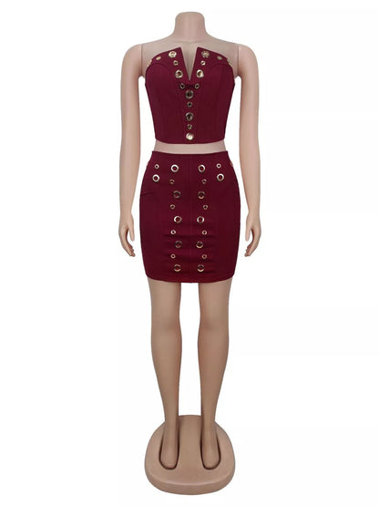 Grommet Crop Top and Mini Skirt Set - Red - View 5