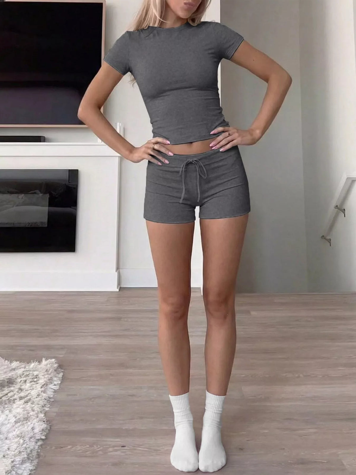 Mock Neck Crop Top and Drawstring Shorts Set - Dark Gray - View 1
