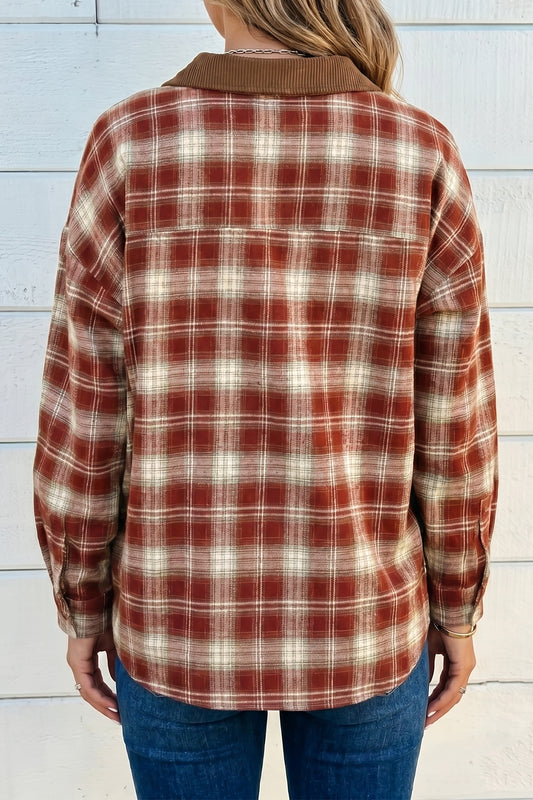 Red Contrast Plaid Long Sleeve Button Down Shirt - Red - 2