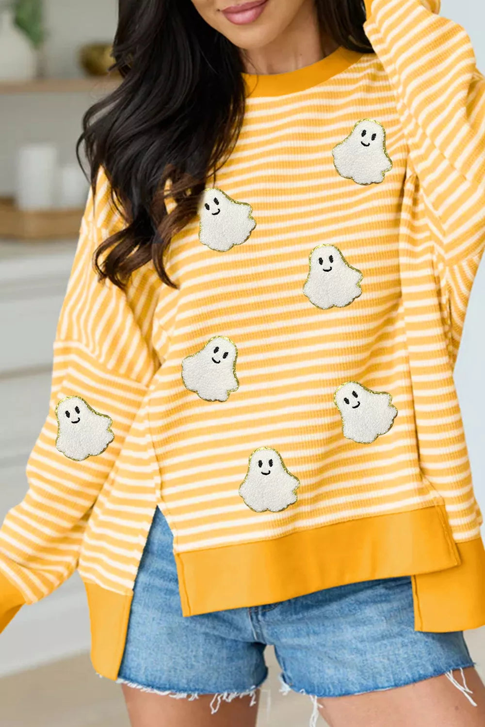 Stripe Halloween Ghost Patch Round Neck Long Sleeve Top - Sherbet - View 1
