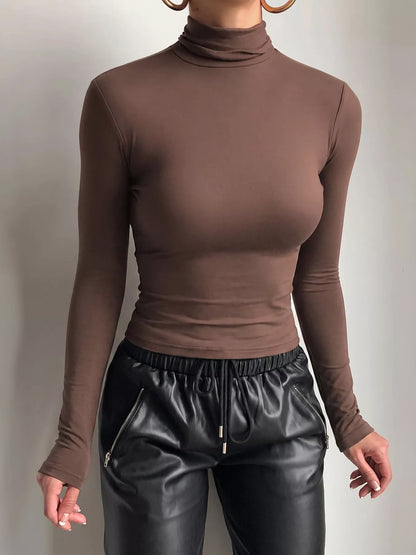 Mock Neck Long Sleeve Slim Fit T-Shirt - Brown - View 2