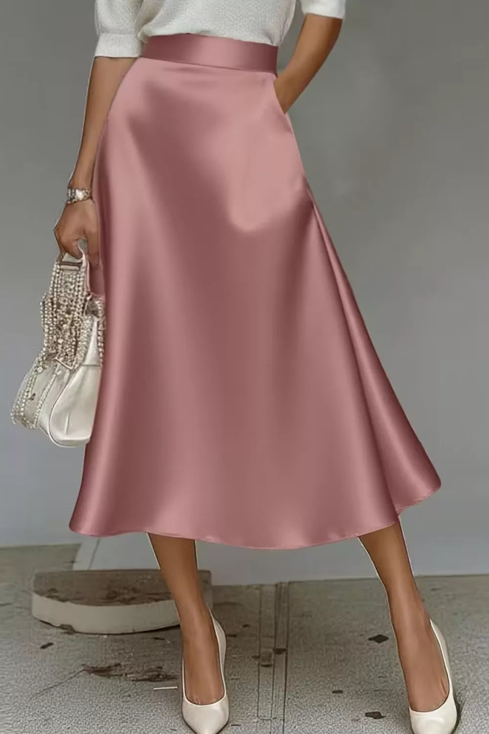 Satin A-Line Midi Skirt - Dusty Pink - View 19