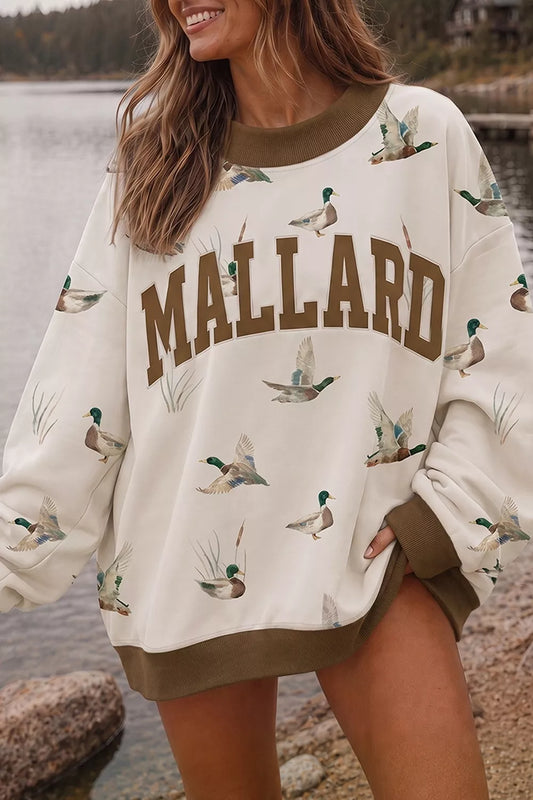MALLARD Duck Print Sweatshirt with Contrast Trim - Beige - View 1
