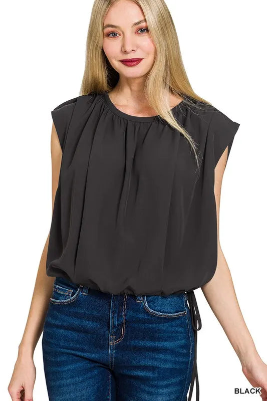 Zenana Woven Drawstring Tie Side Sleeveless Top - BLACK - View 1